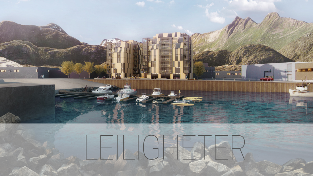 Arkitekttegnet høyhus med leiligheter i vannkanten med fjell i bakgrunnen i Svolvær, Lofoten