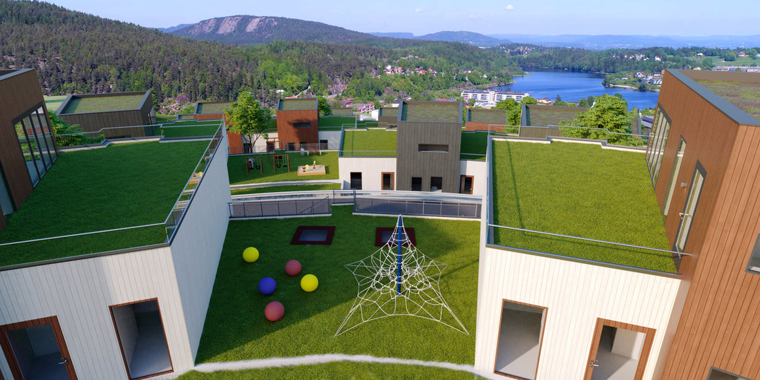 Lekeplass og takvinduer på grønt tak med utsikt over Asker fra Åmotåsen